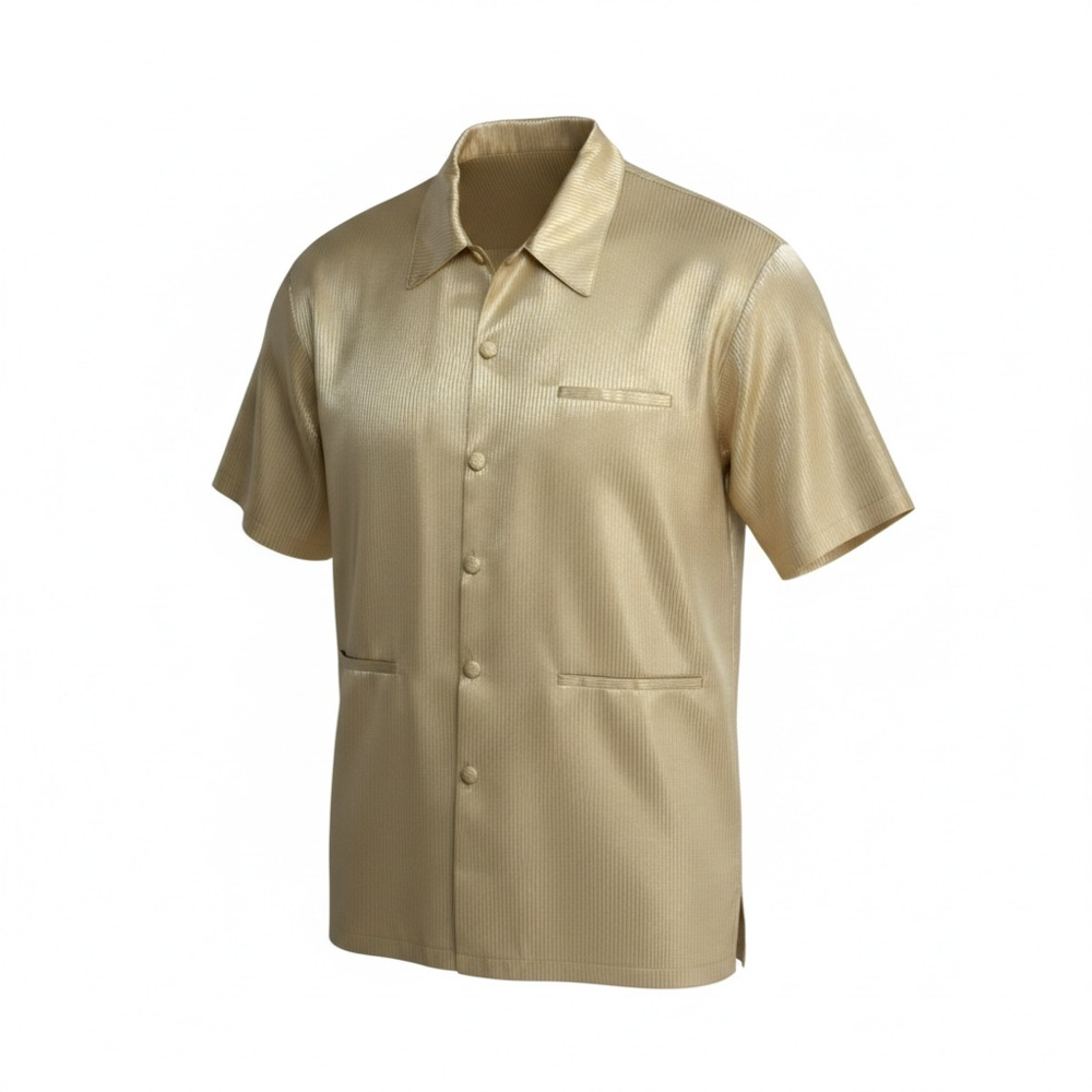 Vitaliano Men's Short Sleeve Button-Down Shirt Gold Vertical Striped Satin